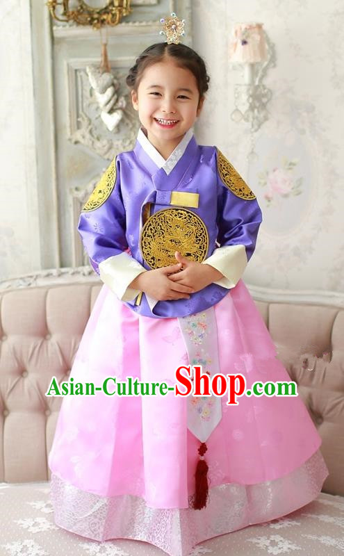 Asian Korean Traditional Handmade Formal Occasions Costume Palace Princess Embroidered Purple Blouse and Pink Dress Hanbok Clothing for Girls