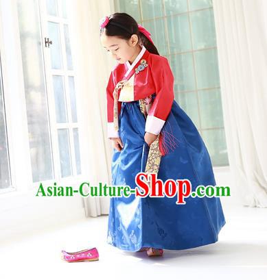 Asian Korean Traditional Handmade Formal Occasions Costume Palace Princess Embroidered Red Blouse and Blue Dress Hanbok Clothing for Girls