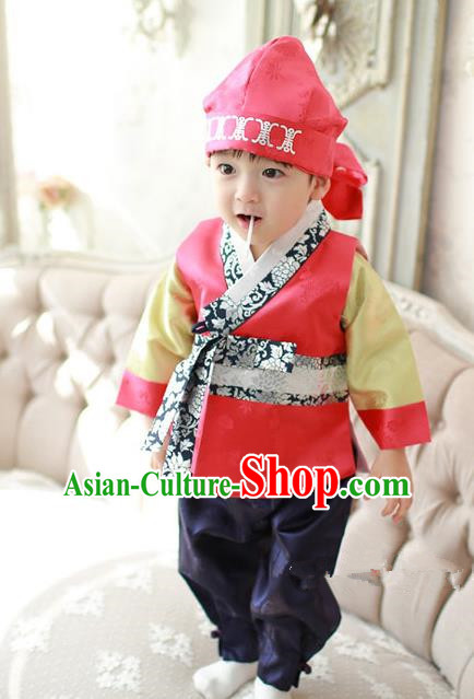 Asian Korean Traditional Handmade Formal Occasions Boys Red Costume Hanbok Clothing for Boys
