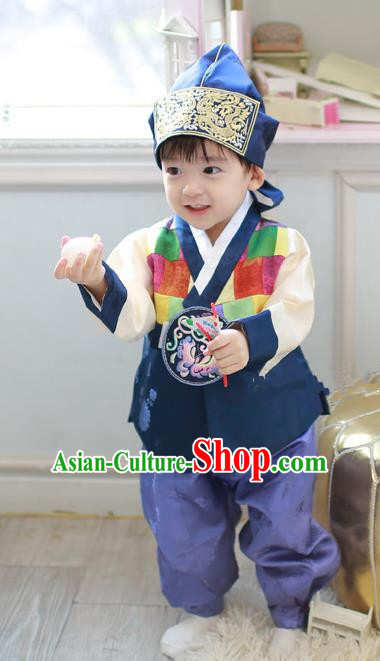 Asian Korean Traditional Handmade Formal Occasions Boys Embroidered Deep Blue Costume Hanbok Clothing for Boys