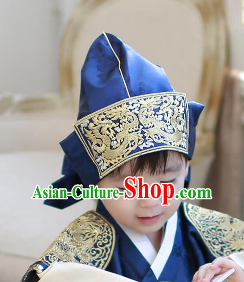 Traditional Korean Hair Accessories Blue Embroidered Prince Hats, Asian Korean Fashion Wedding Headwear for Kids