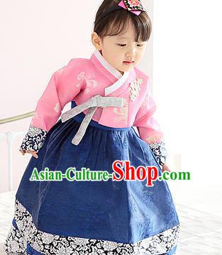 Asian Korean Traditional Handmade Formal Occasions Girls Embroidered Pink Blouse and Blue Dress Costume Hanbok Clothing for Kids