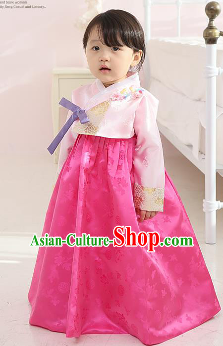 Asian Korean Traditional Handmade Formal Occasions Girls Embroidered Pink Blouse and Rosy Dress Costume Hanbok Clothing for Kids