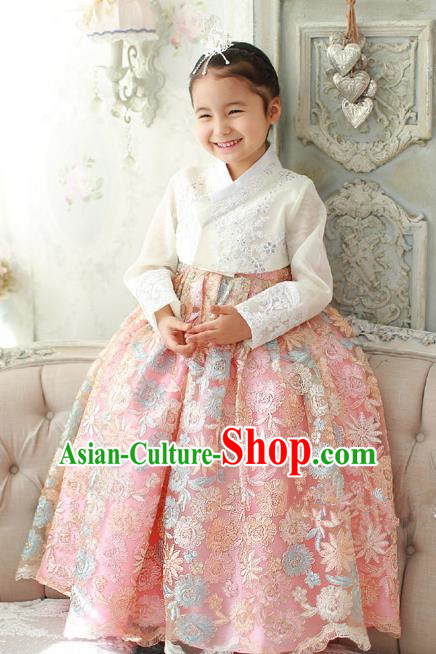 Asian Korean Traditional Handmade Formal Occasions Girls Embroidered White Blouse and Pink Lace Dress Costume Hanbok Clothing for Kids