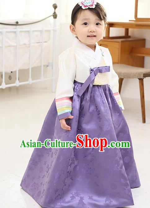 Asian Korean Traditional Handmade Formal Occasions Girls Embroidered White Blouse and Purple Dress Costume Hanbok Clothing for Kids