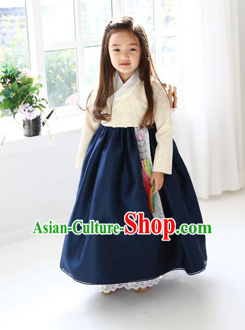 Asian Korean Traditional Handmade Formal Occasions Girls Embroidered White Blouse and Navy Dress Costume Hanbok Clothing for Kids