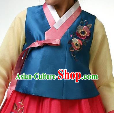 Asian Korean Traditional Handmade Formal Occasions Girls Costume Embroidered Blue Vests Hanbok Clothing for Kids