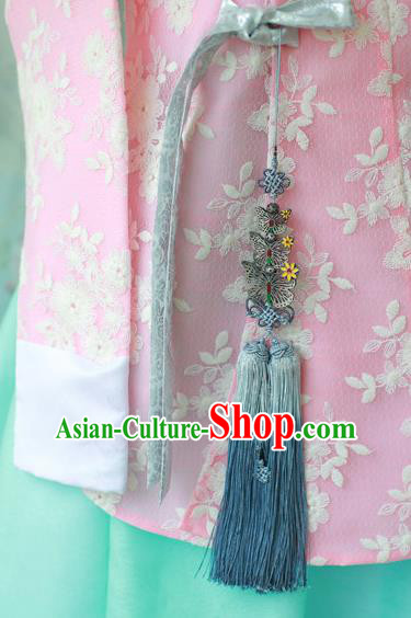 Traditional Korean Accessories Light Blue Tassel Butterfly Waist Pendant, Asian Korean Fashion Wedding Tassel Hanbok Waist Decorations for Kids