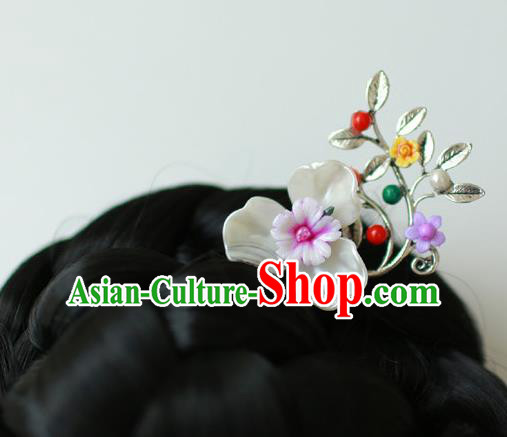 Traditional Korean National Hair Accessories Wedding Shell Flowers Hairpins, Asian Korean Fashion Hanbok Hair Decorations Headwear for Women