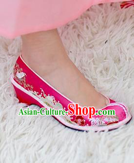 Traditional Korean National Wedding Pink Embroidered Shoes, Asian Korean Hanbok Bride Embroidery Shoes for Women