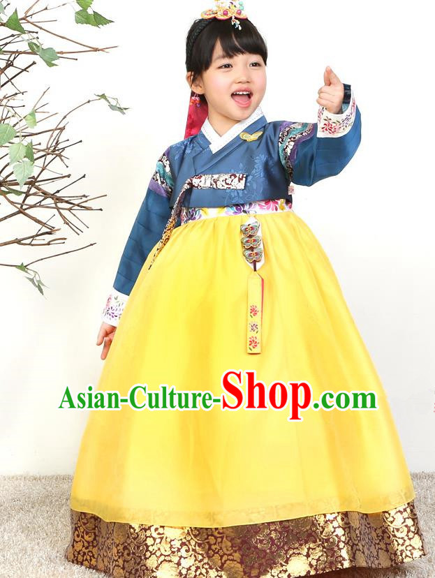 Asian Korean National Traditional Handmade Formal Occasions Girls Embroidered Blue Blouse and Yellow Dress Costume Hanbok Clothing for Kids