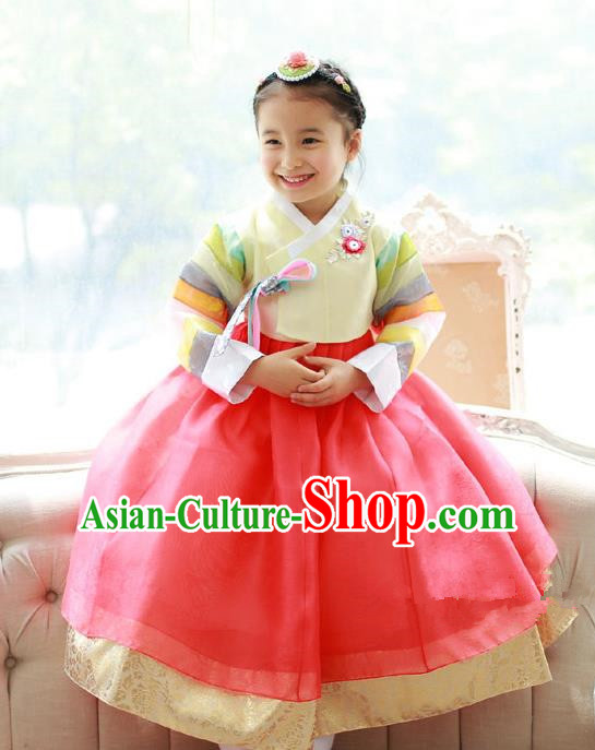 Asian Korean National Traditional Handmade Formal Occasions Girls Embroidered Yellow Blouse and Orange Dress Costume Hanbok Clothing for Kids