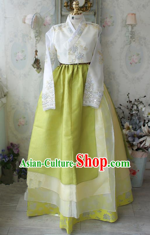 Asian Korean National Traditional Handmade Formal Occasions Embroidered White Blouse and Yellow Dress Costume Wedding Hanbok Clothing for Women
