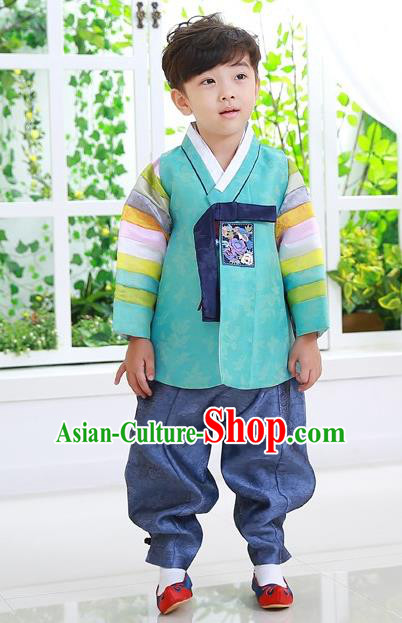 Asian Korean National Traditional Handmade Formal Occasions Embroidered Thronfolger Costume Wedding Blue Hanbok Clothing for Boys