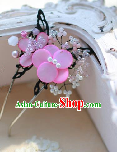 Traditional Korean National Hair Accessories Wedding Princess Pink Flower Butterfly Hairpins, Asian Korean Fashion Hanbok Hair Stick Headwear for Girls
