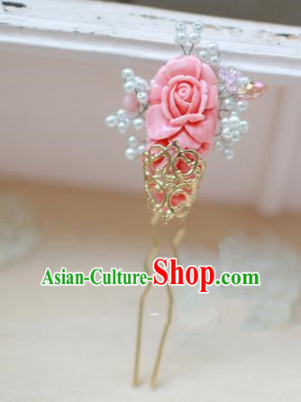 Traditional Korean National Hair Accessories Wedding Princess Pink Rose Hairpins, Asian Korean Fashion Hanbok Hair Stick Headwear for Girls