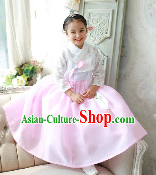 Asian Korean National Traditional Handmade Formal Occasions Girls Embroidered White Lace Blouse and Pink Dress Costume Hanbok Clothing for Kids