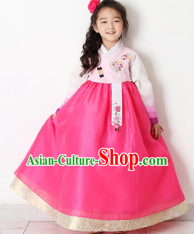 Asian Korean National Traditional Handmade Formal Occasions Girls Embroidered Pink Blouse and Dress Costume Hanbok Clothing for Kids