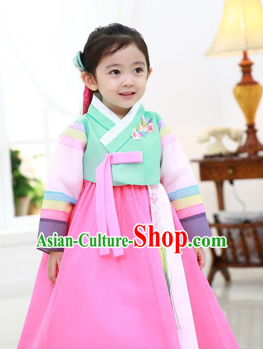 Asian Korean National Traditional Handmade Formal Occasions Girls Embroidered Green Blouse and Pink Dress Costume Hanbok Clothing for Kids