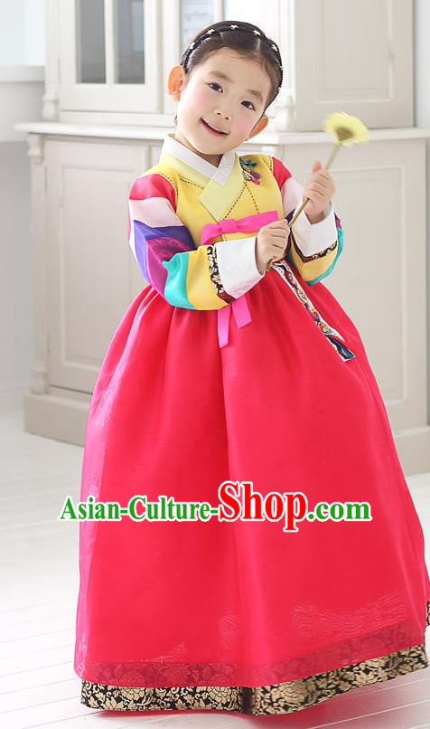 Asian Korean National Traditional Handmade Formal Occasions Girls Embroidered Yellow Blouse and Dress Costume Hanbok Clothing for Kids