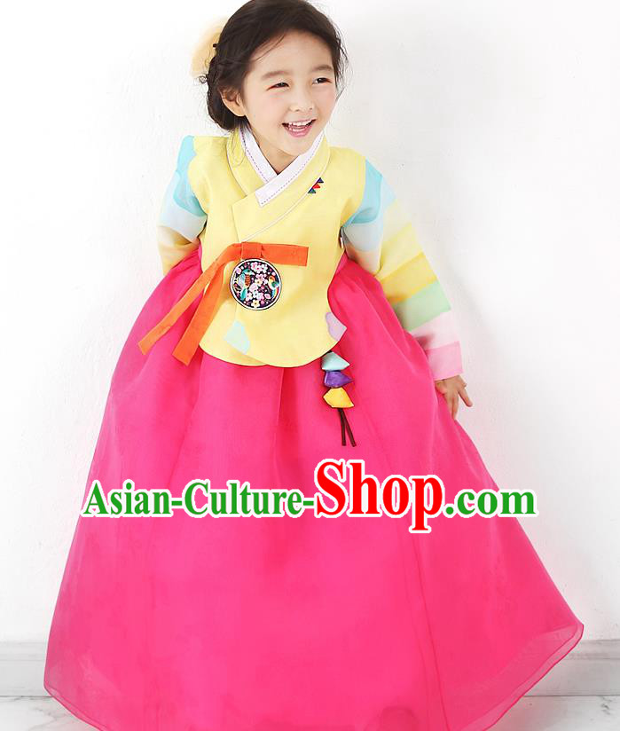 Asian Korean National Traditional Handmade Formal Occasions Girls Embroidered Yellow Blouse and Rosy Dress Costume Hanbok Clothing for Kids