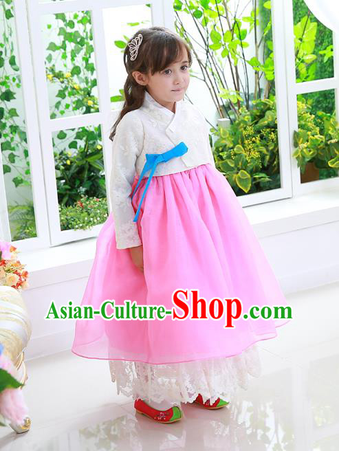 Asian Korean National Traditional Handmade Formal Occasions Girls White Lace Blouse and Pink Dress Costume Hanbok Clothing for Kids