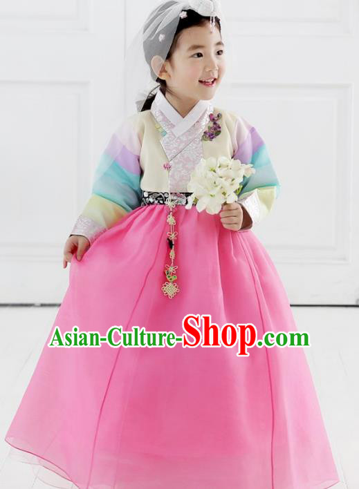 Asian Korean National Traditional Handmade Formal Occasions Girls Embroidery Beige Blouse and Pink Dress Costume Hanbok Clothing for Kids