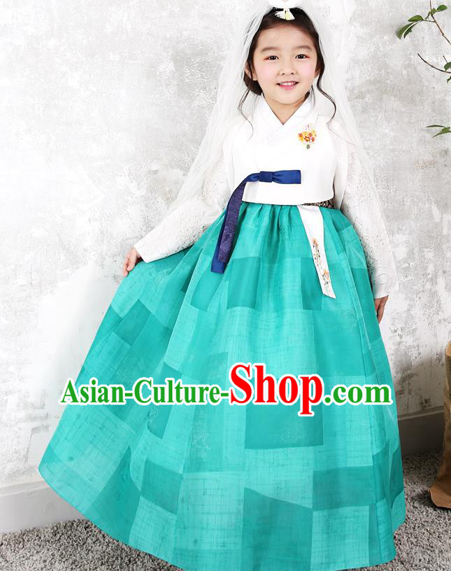 Asian Korean National Traditional Handmade Formal Occasions Girls Embroidery White Blouse and Green Dress Costume Hanbok Clothing for Kids