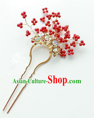 Traditional Korean National Hair Accessories Wedding Princess Red Beads Hairpins, Asian Korean Fashion Hanbok Hair Claw Headwear for Girls