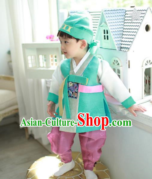 Asian Korean National Traditional Handmade Formal Occasions Boys Embroidery Green Hanbok Costume Complete Set for Kids