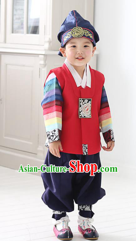 Asian Korean National Traditional Handmade Formal Occasions Boys Embroidery Red Hanbok Costume Complete Set for Kids