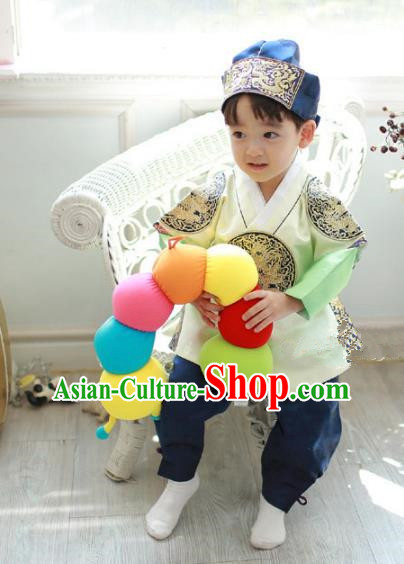 Asian Korean National Traditional Handmade Formal Occasions Boys Embroidery Light Green Hanbok Costume Complete Set for Kids