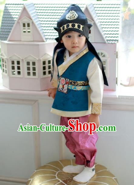 Asian Korean National Traditional Handmade Formal Occasions Boys Embroidery Peacock Blue Hanbok Costume Complete Set for Kids