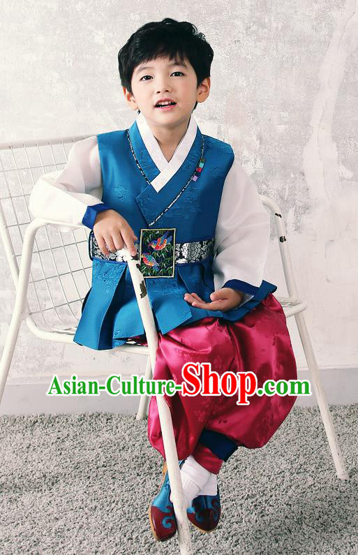 Asian Korean National Traditional Handmade Formal Occasions Boys Embroidery Blue Hanbok Costume Complete Set for Kids