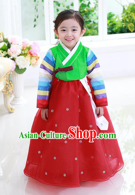 Asian Korean National Traditional Handmade Formal Occasions Girls Embroidery Hanbok Costume Green Blouse and Red Dress Complete Set for Kids