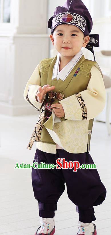 Asian Korean National Traditional Handmade Formal Occasions Boys Embroidery Olive Green Hanbok Costume Complete Set for Kids