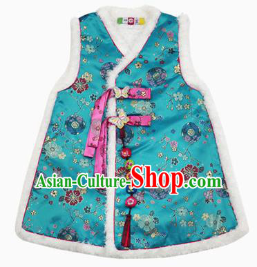 Asian Korean National Traditional Handmade Formal Occasions Girls Hanbok Costume Embroidery Blue Vests for Kids