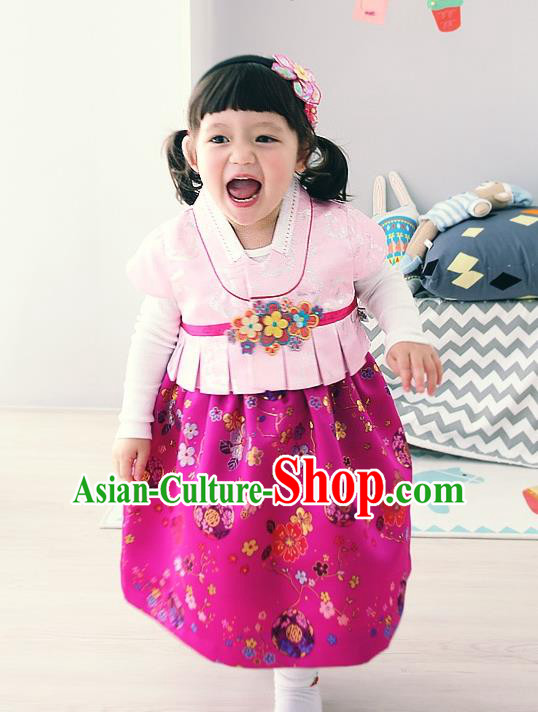 Asian Korean National Traditional Handmade Formal Occasions Girls Embroidery Hanbok Costume Pink Vest and Rosy Dress Complete Set for Kids