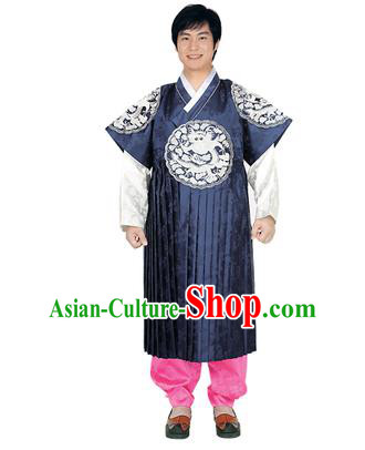 Korean National Traditional Handmade Wedding Embroidery Hanbok Costume, Asian Korean Bridegroom Navy Dragon Robe for Men