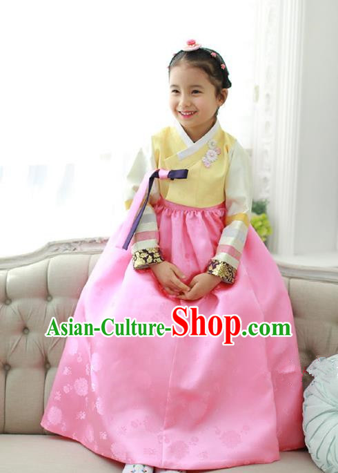 Traditional Korean National Handmade Formal Occasions Girls Embroidery Hanbok Costume Yellow Blouse and Pink Dress for Kids