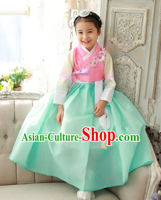 Traditional Korean National Handmade Formal Occasions Girls Hanbok Costume Embroidery Pink Blouse and Green Dress for Kids