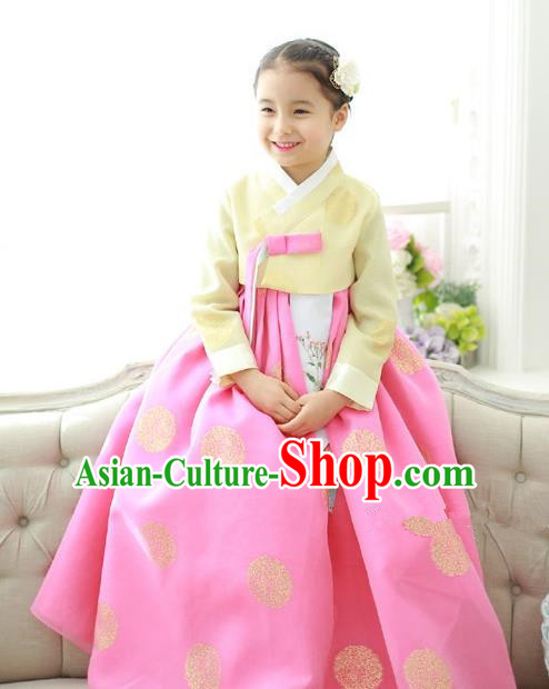 Traditional Korean National Handmade Formal Occasions Girls Hanbok Costume Embroidered Yellow Blouse and Pink Dress for Kids