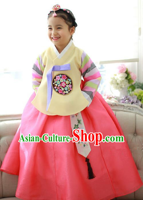 Traditional Korean National Handmade Formal Occasions Girls Hanbok Costume Embroidered Yellow Blouse and Watermelon Red Dress for Kids