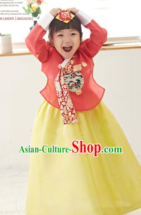 Traditional Korean National Handmade Formal Occasions Girls Hanbok Costume Embroidered Red Blouse and Yellow Dress for Kids