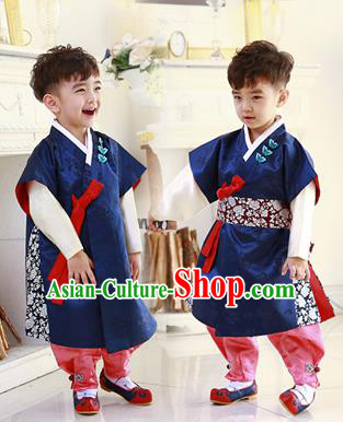 Asian Korean National Traditional Handmade Formal Occasions Boys Embroidery Navy Hanbok Costume Complete Set for Kids