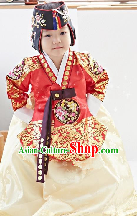 Traditional Korean National Handmade Formal Occasions Girls Palace Hanbok Costume Embroidered Red Blouse and Yellow Dress for Kids