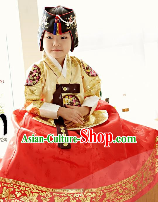 Traditional Korean National Handmade Formal Occasions Girls Palace Hanbok Costume Embroidered Yellow Blouse and Red Dress for Kids