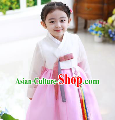 Traditional Korean National Handmade Formal Occasions Girls Palace Hanbok Costume Embroidered White Blouse and Pink Dress for Kids