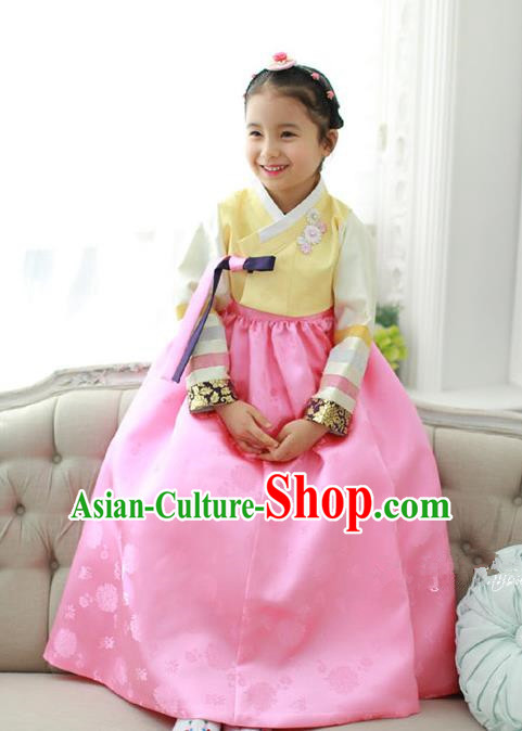 Traditional Korean National Handmade Formal Occasions Girls Palace Hanbok Costume Embroidered Yellow Blouse and Pink Dress for Kids