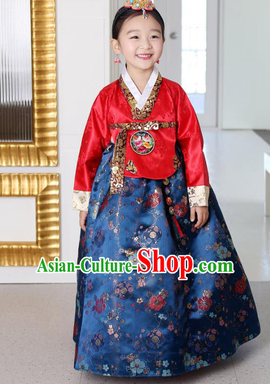 Traditional Korean National Handmade Formal Occasions Girls Palace Hanbok Costume Embroidered Red Blouse and Navy Dress for Kids